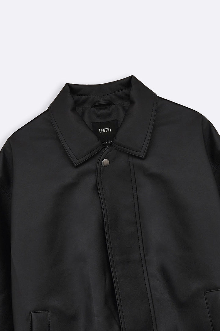 BLACK OVERSIZED FAUX LEATHER BOMBER