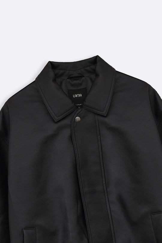 BLACK OVERSIZED FAUX LEATHER BOMBER