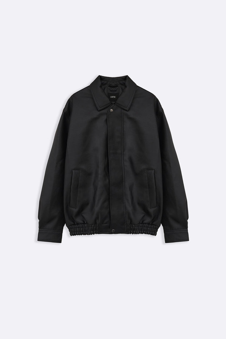 BLACK OVERSIZED FAUX LEATHER BOMBER