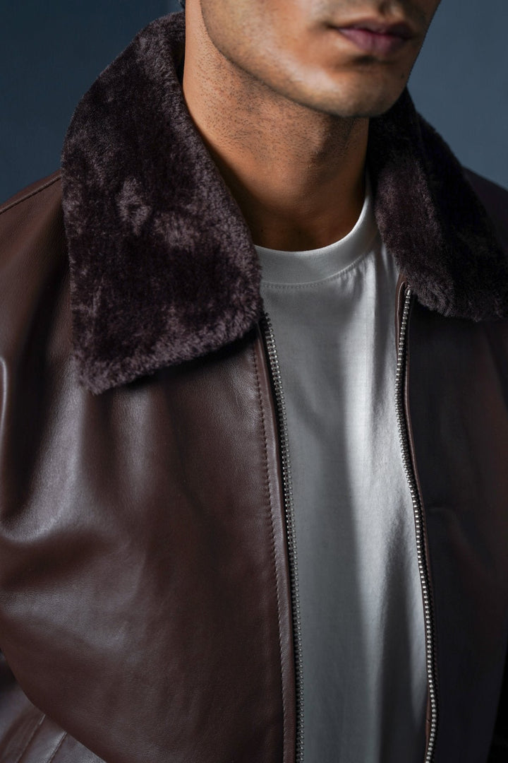 BROWN LEATHER JACKET WITH DETACHABLE COLLAR