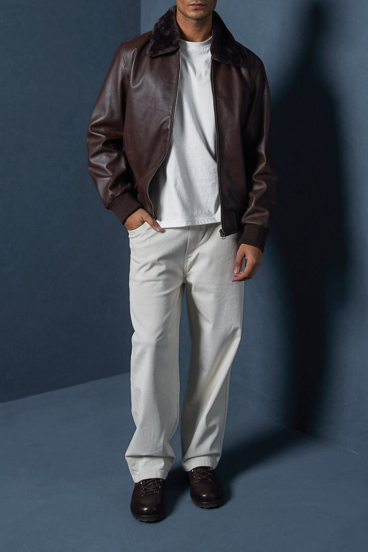 BROWN LEATHER JACKET WITH DETACHABLE COLLAR