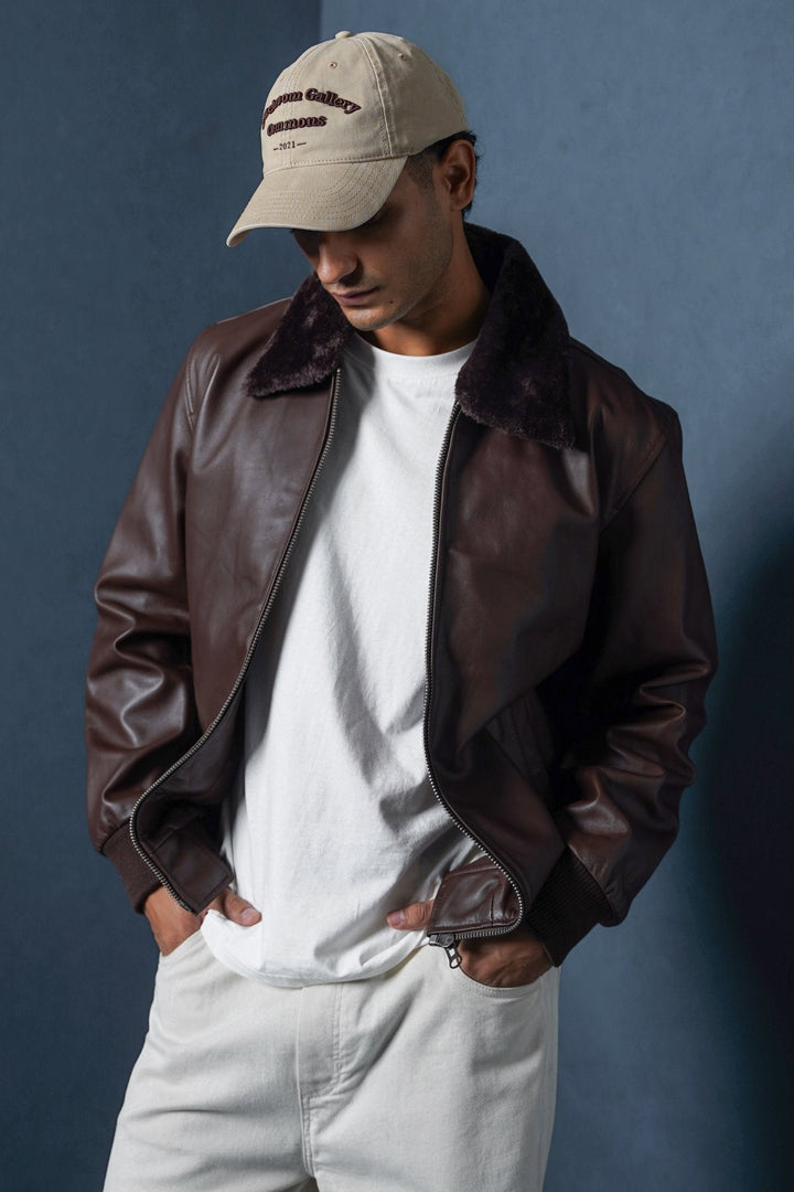 BROWN LEATHER JACKET WITH DETACHABLE COLLAR