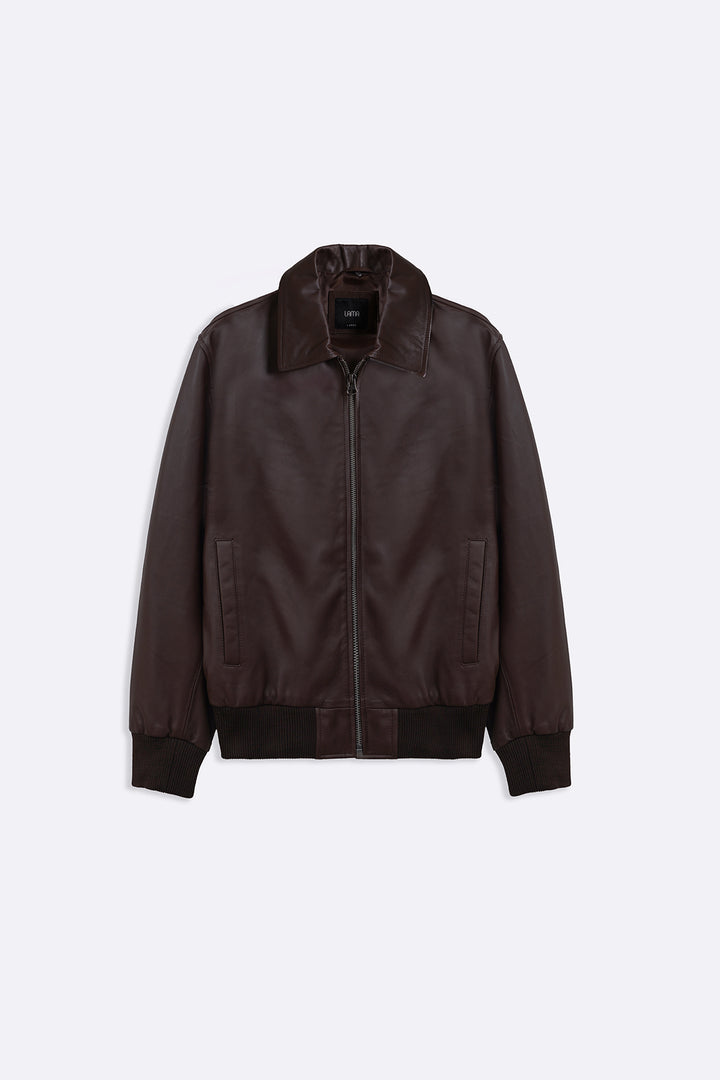 BROWN LEATHER JACKET WITH DETACHABLE COLLAR