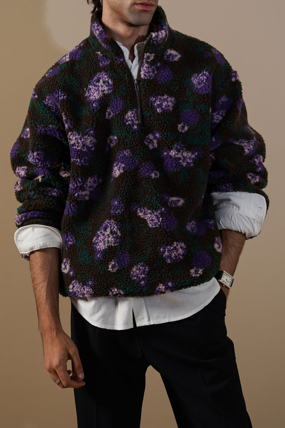 DARK BROWN BLOOM SHERPA PULLOVER