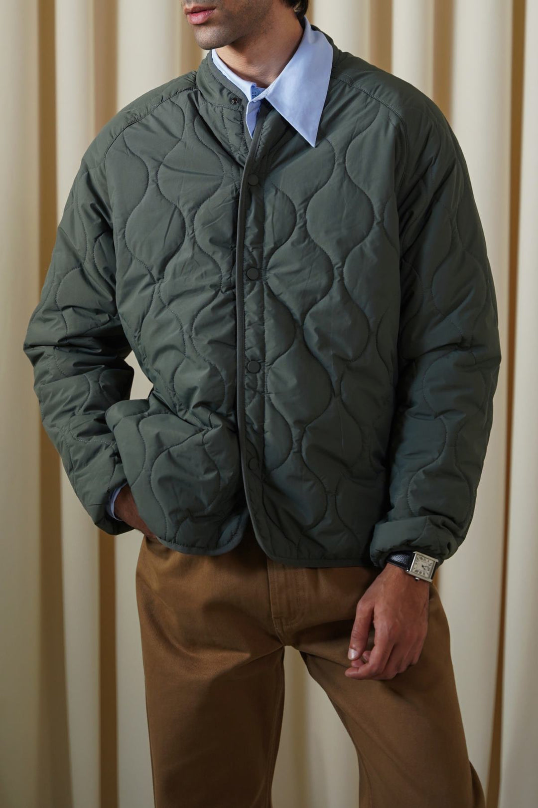 GREEN QUILTED MANDARIN JACKET