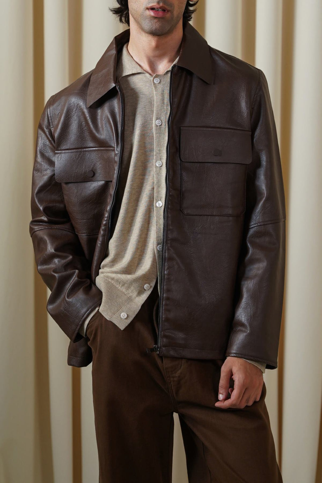 BROWN LEATHER EFFECT JACKET