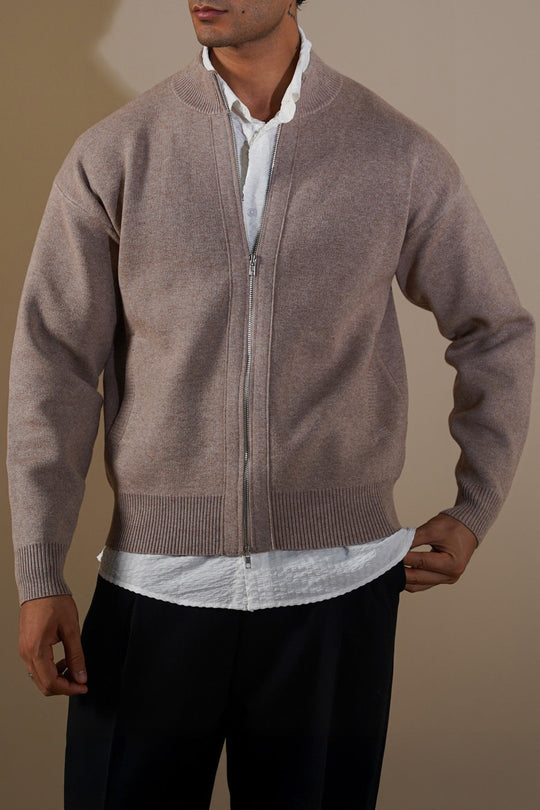 DUSTY BEIGE ZIP-UP CARDIGAN