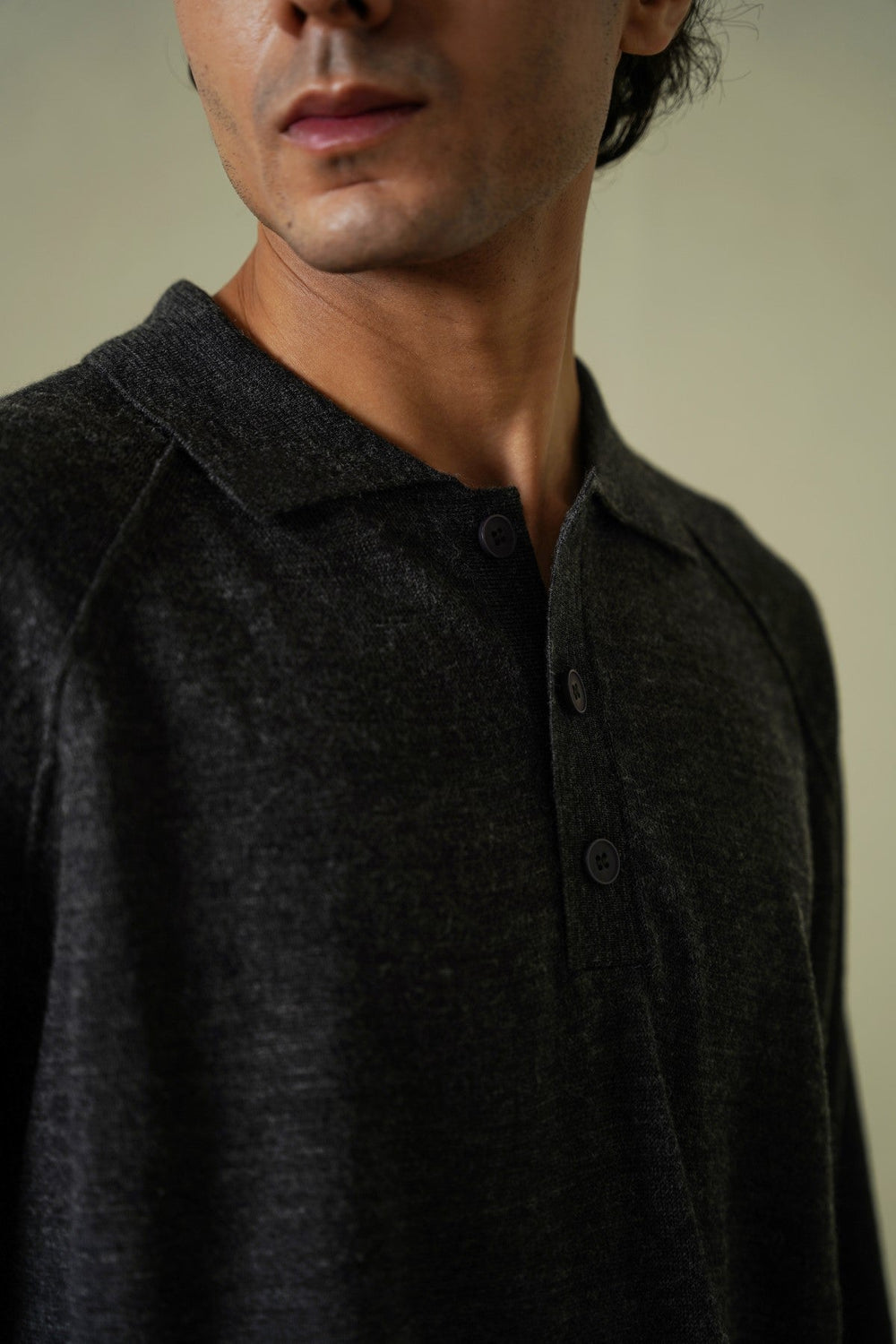 GREY WOOL BLEND POLO SWEATER