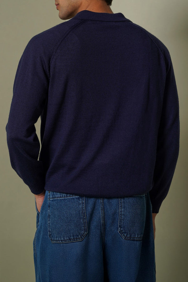 NAVY WOOL BLEND POLO SWEATER