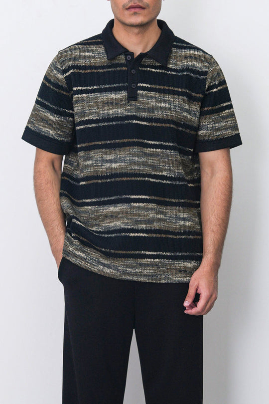 BLACK STRIPED HEAVY TEXTURED POLO