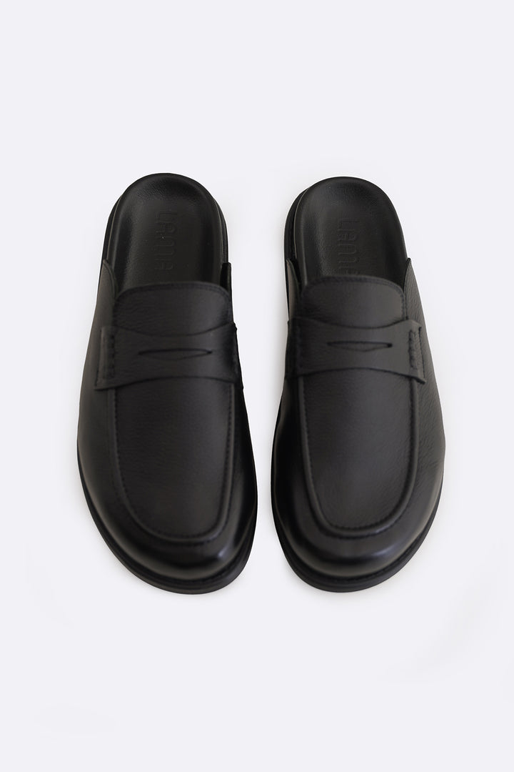 BLACK GRAIN LEATHER MULES