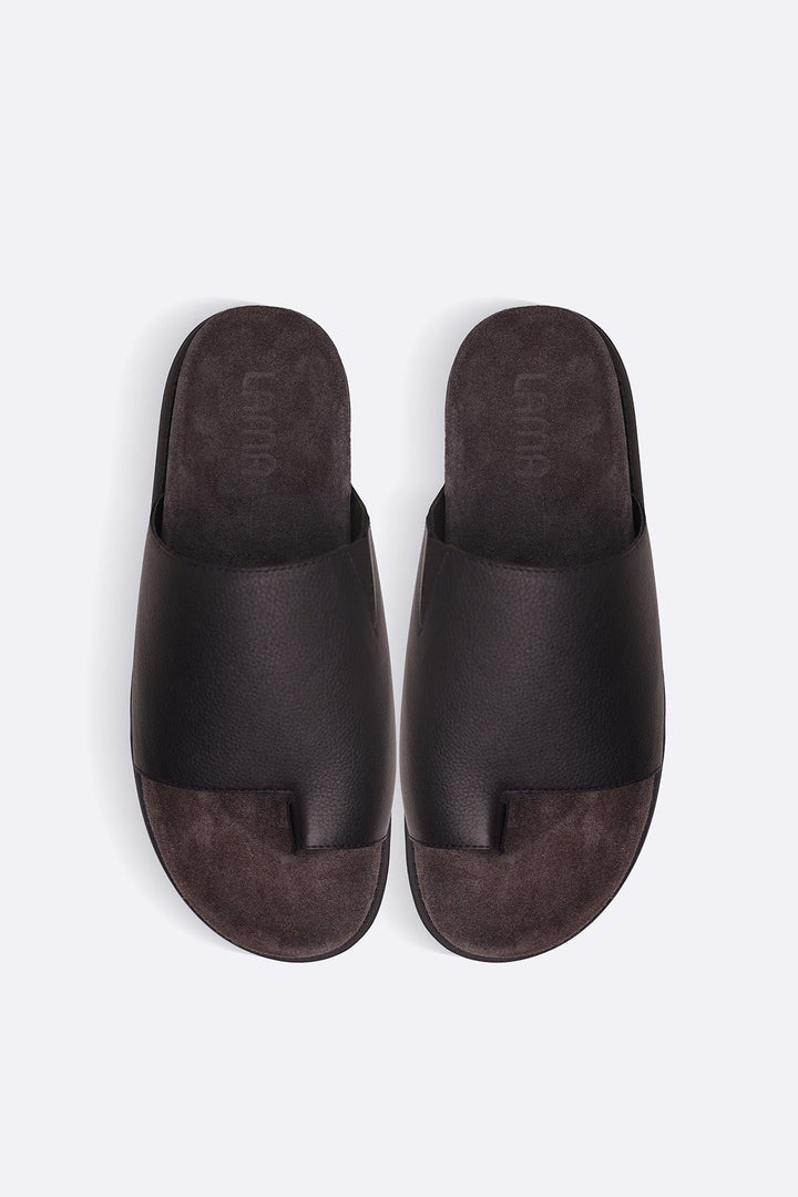BROWN TOE LOOP LEATHER SLIDE