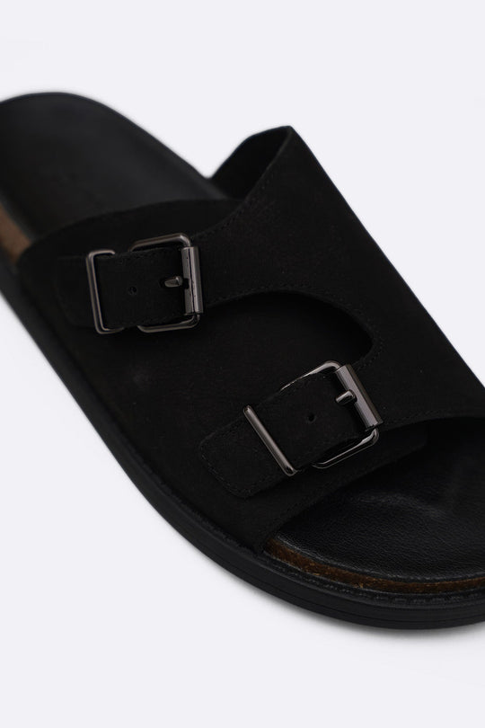 BLACK VANTA LEATHER SLIDES
