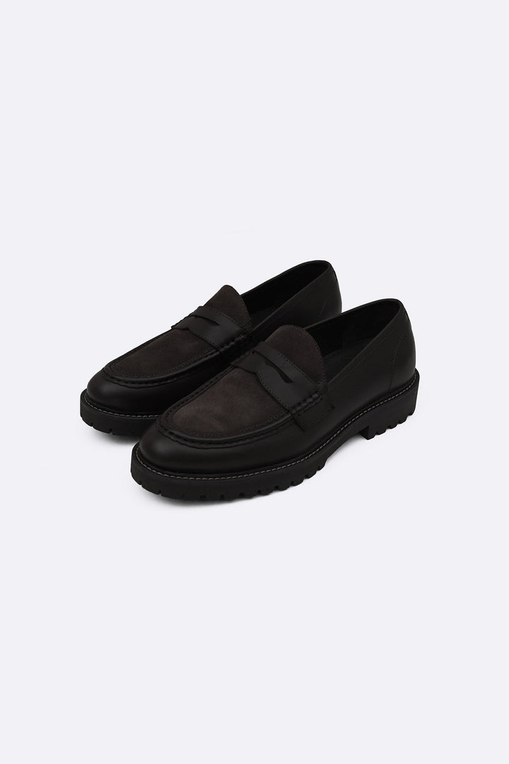 BLACK LEATHER & SUEDE PENNY LOAFERS
