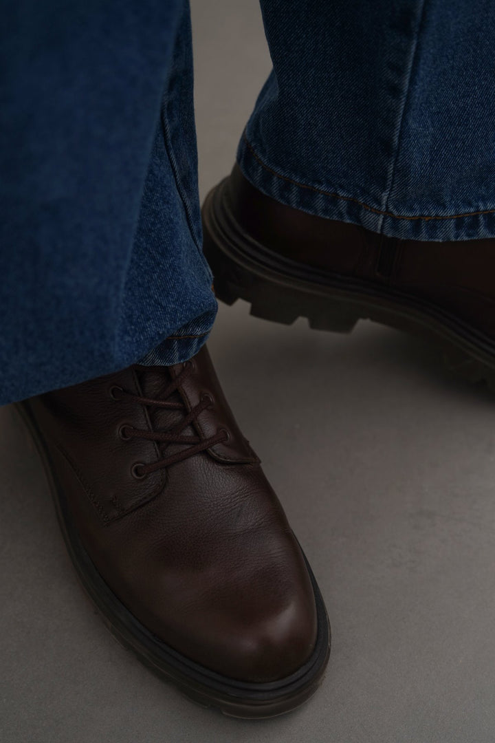 DARK BROWN CHUNKY LEATHER BIKER BOOTS