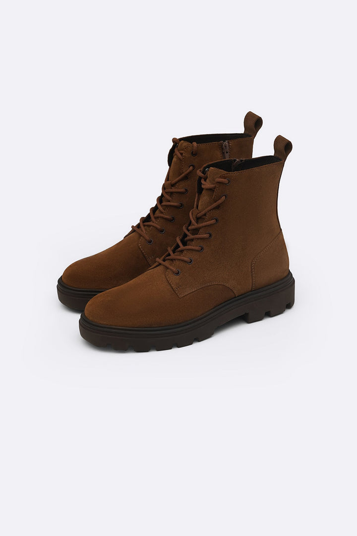 BROWN CHUNKY LEATHER BIKER BOOTS