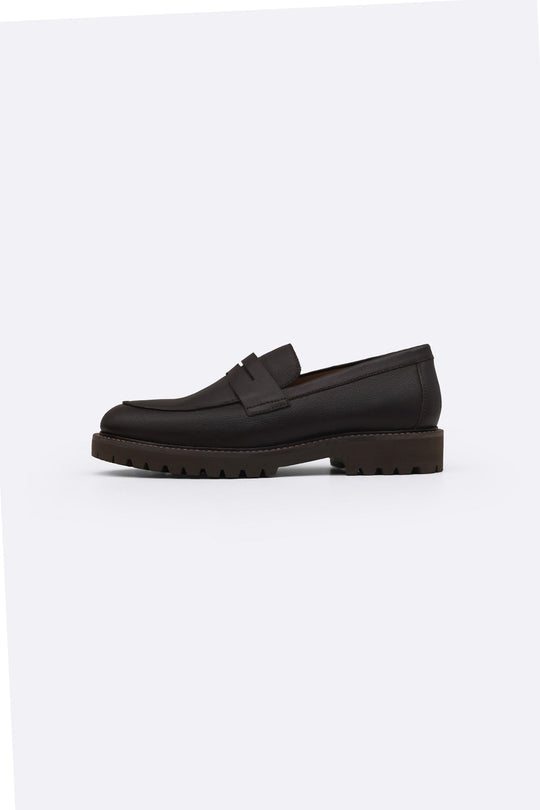 COFFEE CHUNKY LEATHER LOAFERS