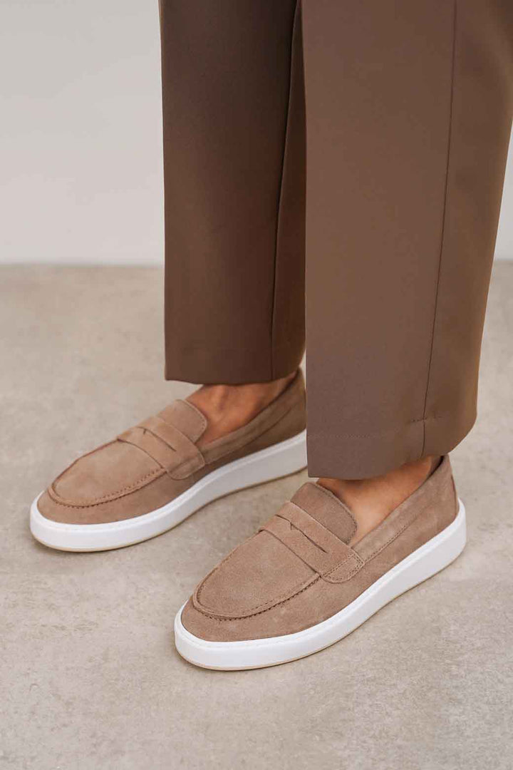 TAUPE SUEDE PENNY LOAFERS