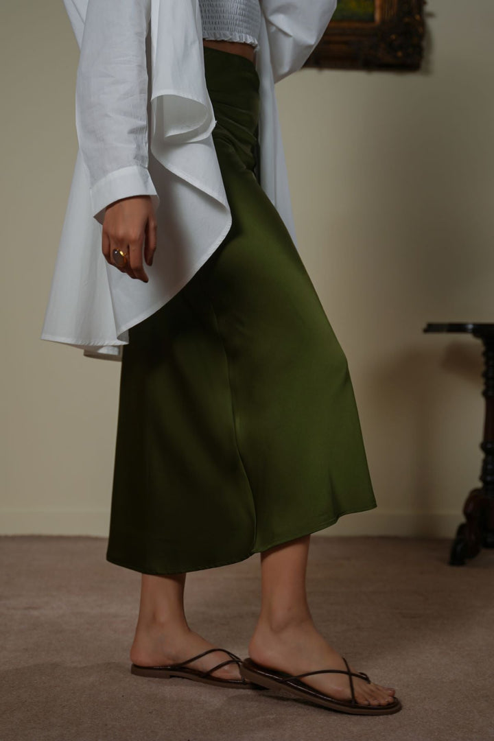 GREEN SATIN LONG SKIRT