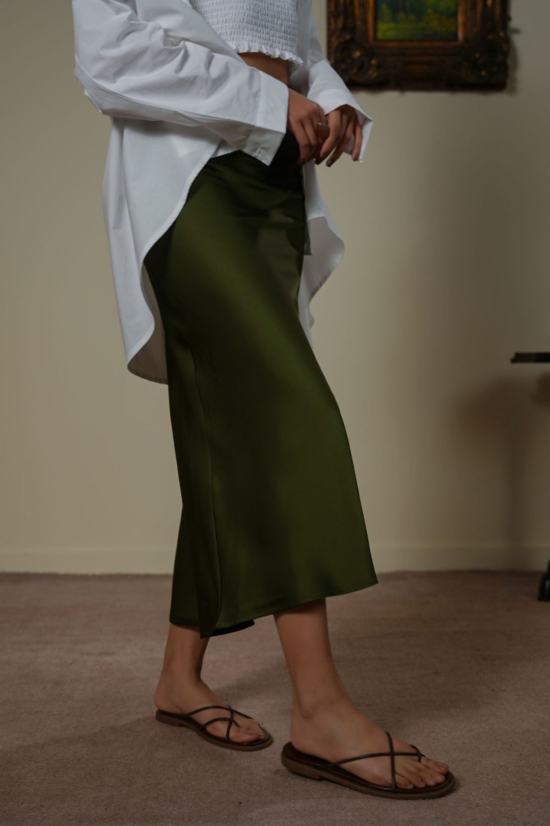 GREEN SATIN LONG SKIRT