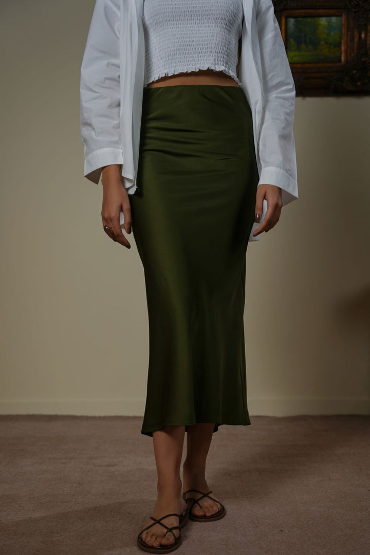 GREEN SATIN LONG SKIRT