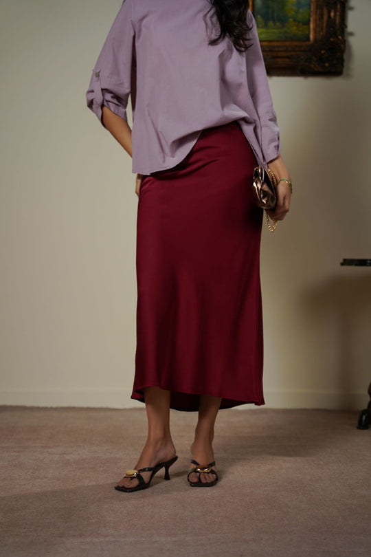 RED SATIN LONG SKIRT