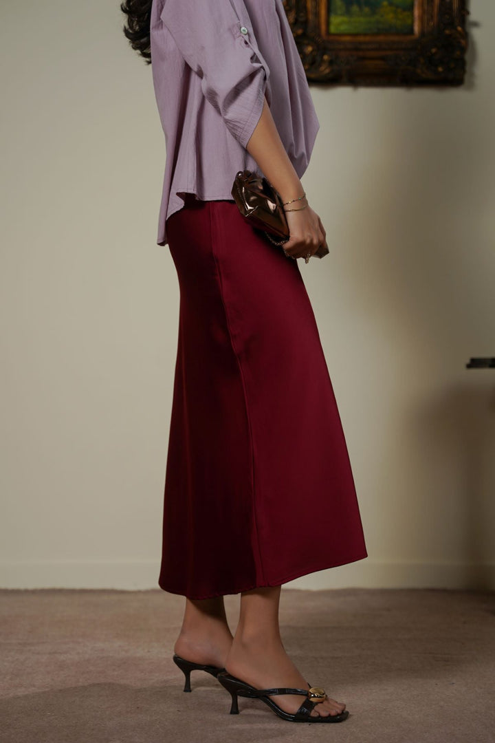 RED SATIN LONG SKIRT