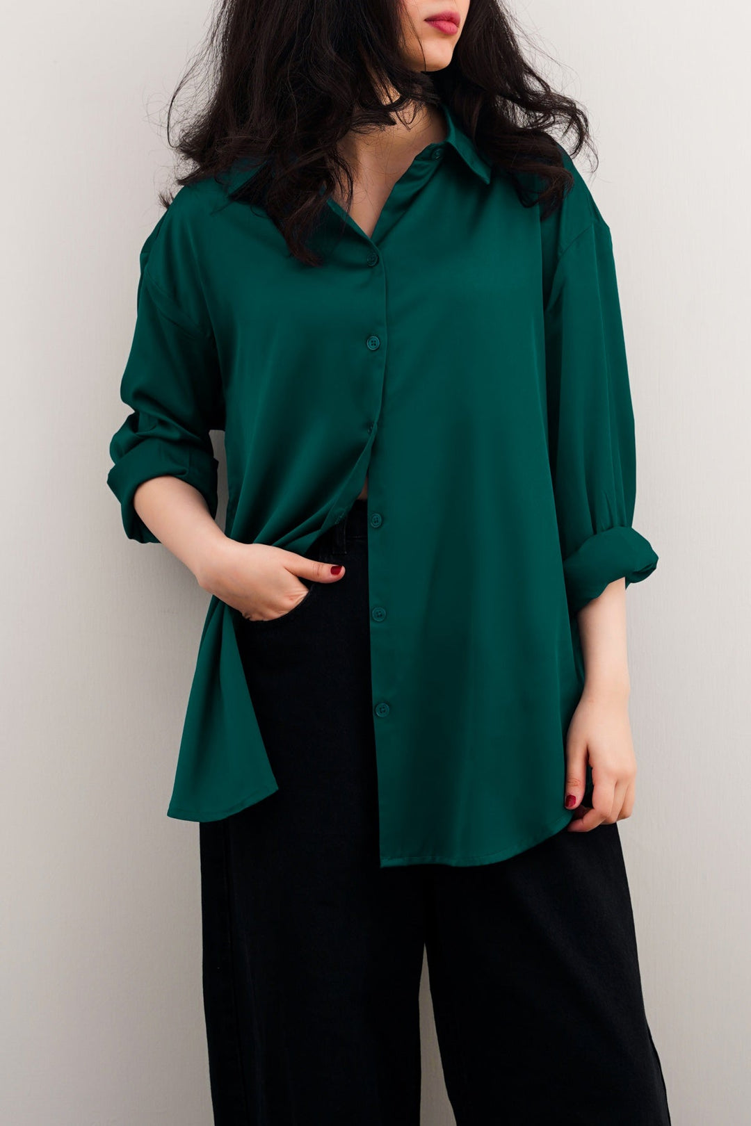TEAL GREEN BASIC SILK SHIRT
