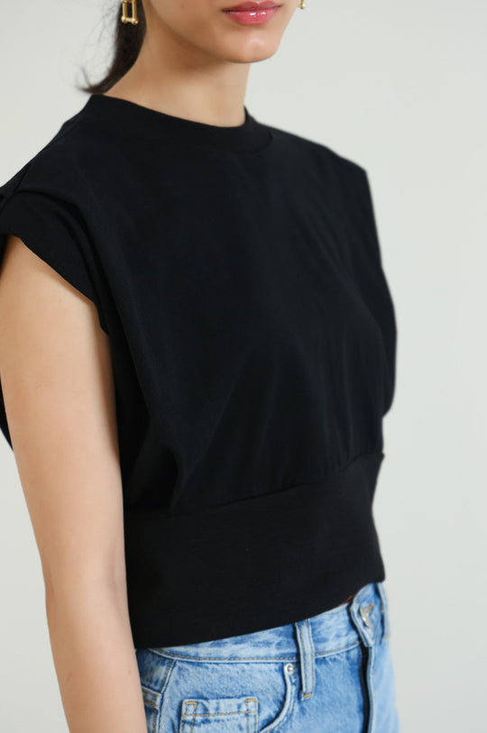 BLACK CROPPED SHOULDER T-SHIRT
