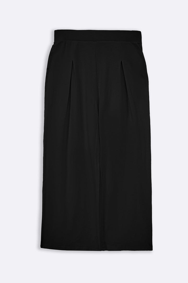 BLACK STRAIGHT BOX-PLEAT TROUSERS