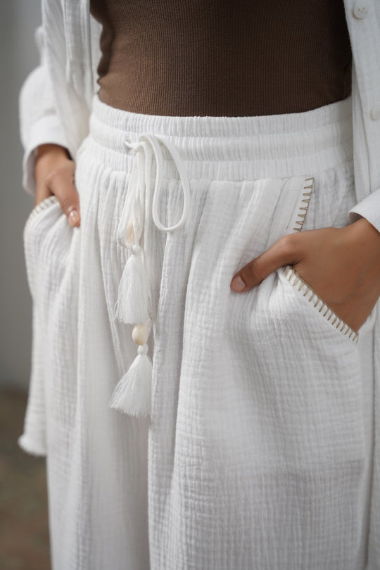 BEIGE RESORT EMBROIDERED WIDE PANTS