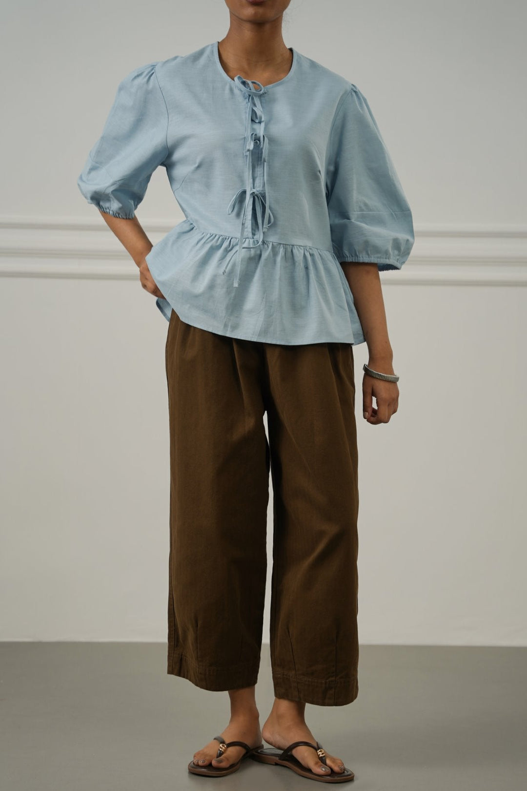 BROWN COTTON HERRINGBONE PANTS