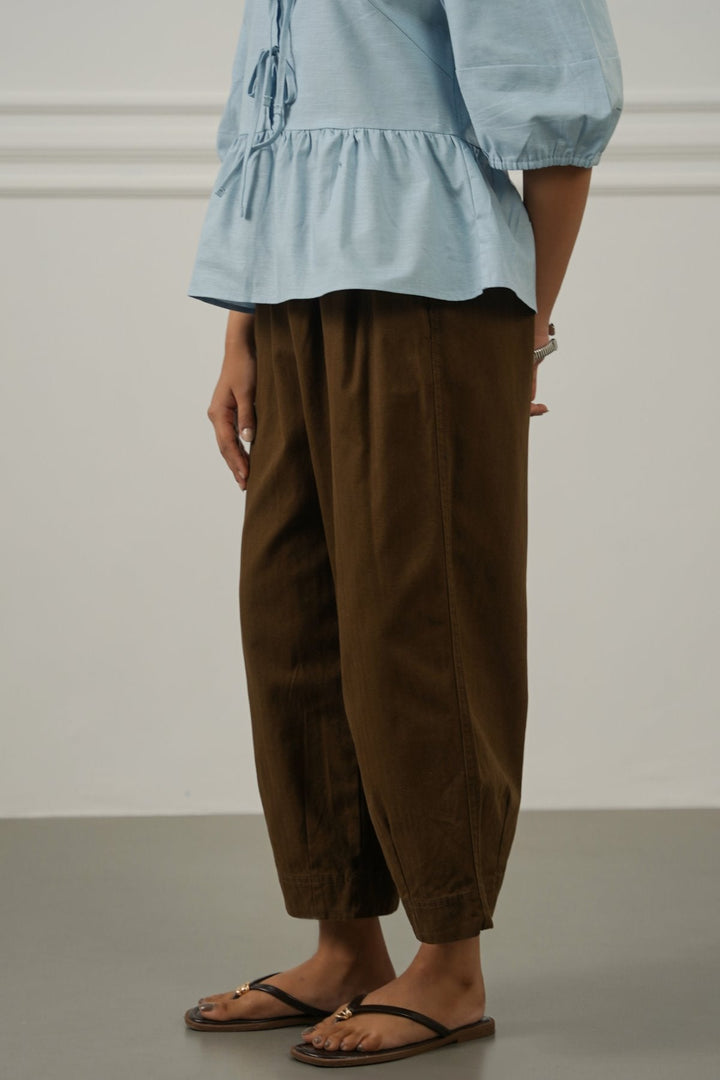 BROWN COTTON HERRINGBONE PANTS