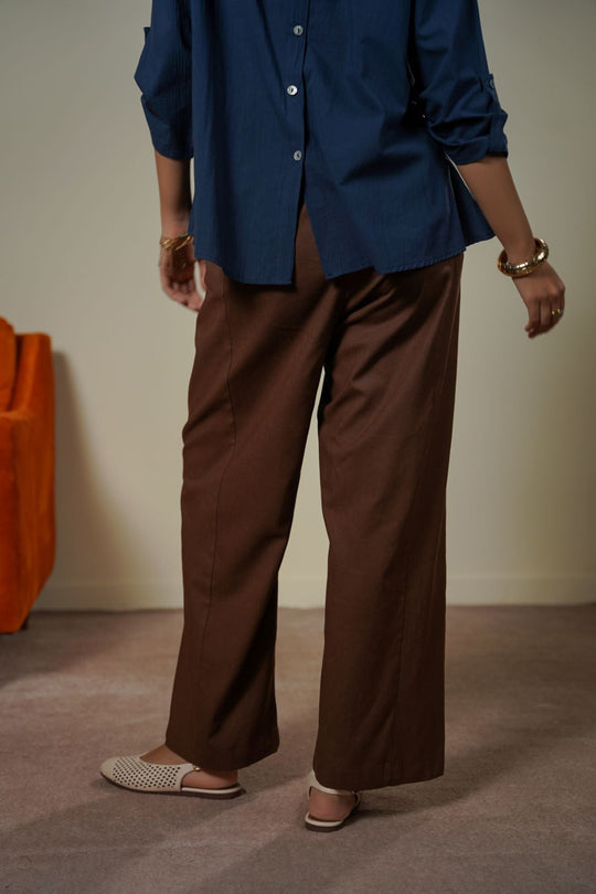 BROWN PLEAT LINEN BLEND PANTS