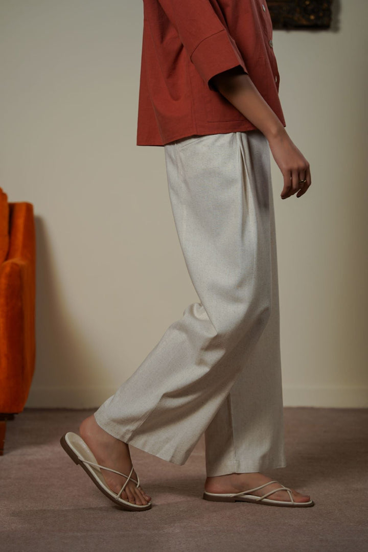 OAT WHITE PLEAT LINEN BLEND PANTS