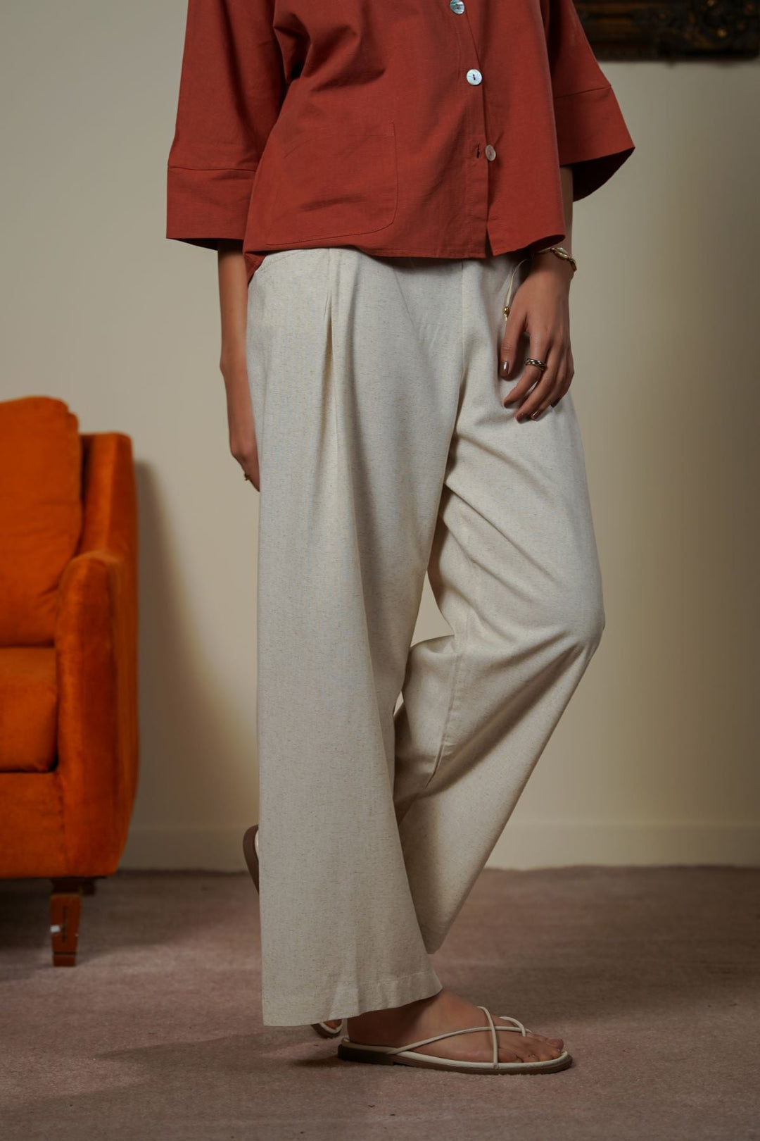 OAT WHITE PLEAT LINEN BLEND PANTS