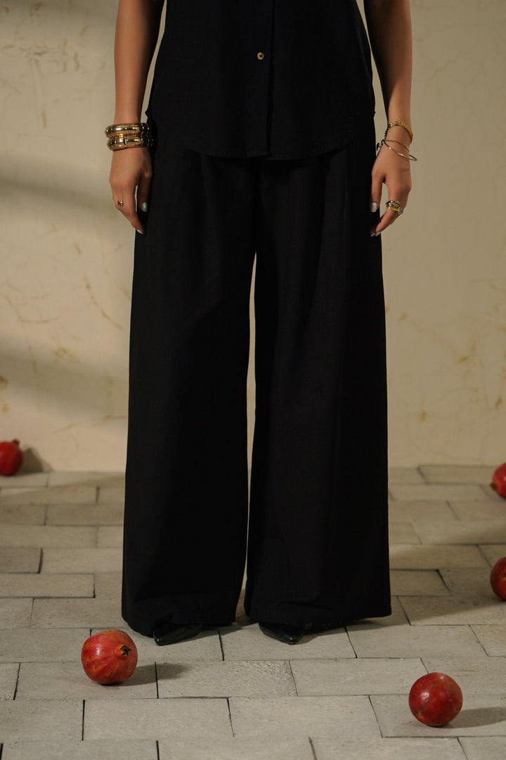 BLACK COTTON LINEN PLEAT PANTS