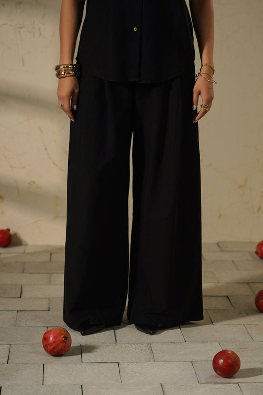BLACK COTTON LINEN PLEAT PANTS