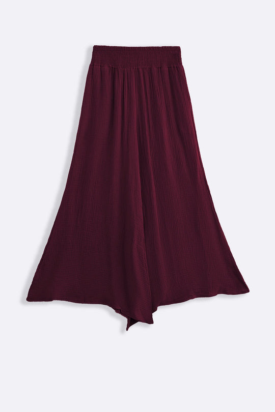 WINE SMOCKED WAIST MUSLIN PANTS