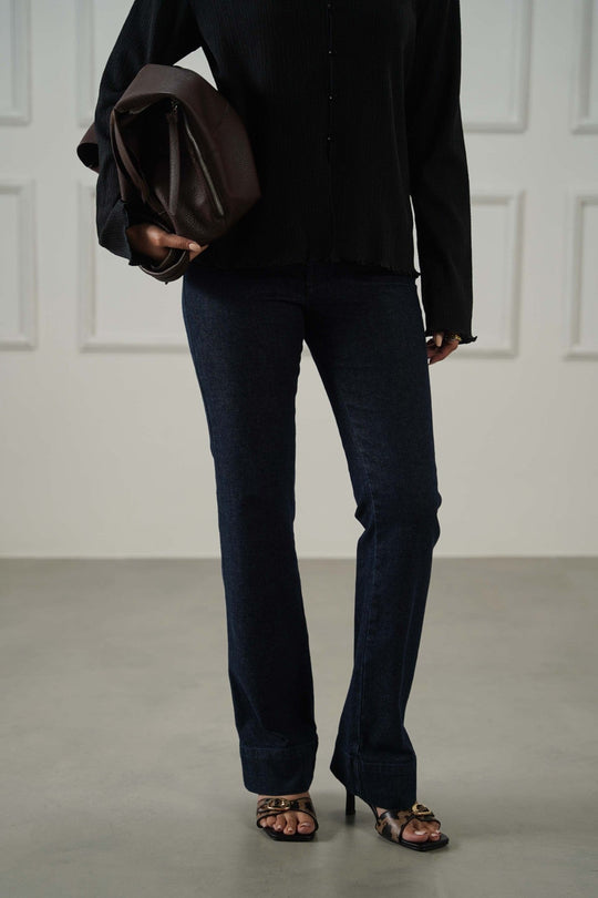 DARK BLUE MID-RISE KICK FLARE JEANS