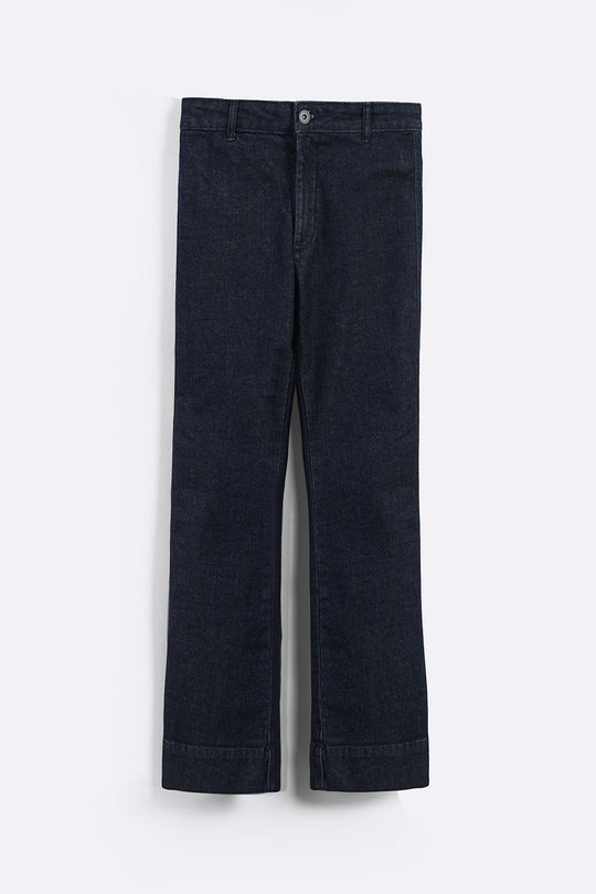 DARK BLUE MID-RISE KICK FLARE JEANS