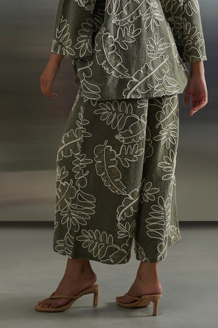 GREEN CORD COTTON EMBROIDERY CULOTTES