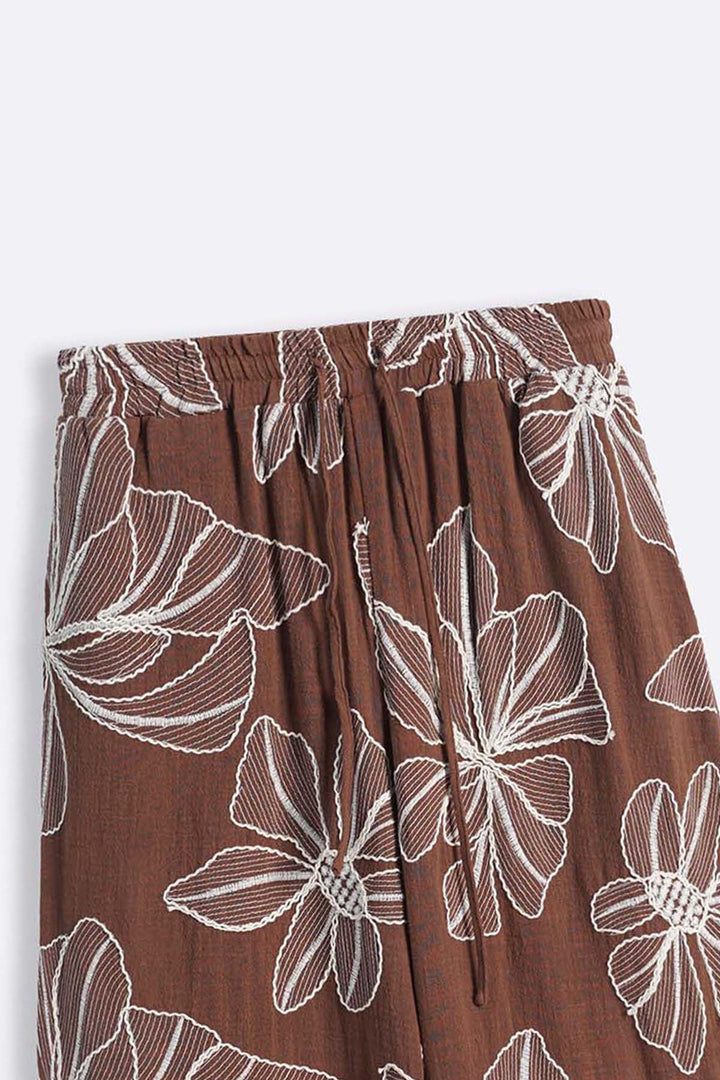 BROWN CORD COTTON EMBROIDERY CULOTTES