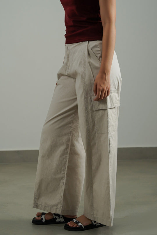 BEIGE COTTON LINEN CARGO PANTS