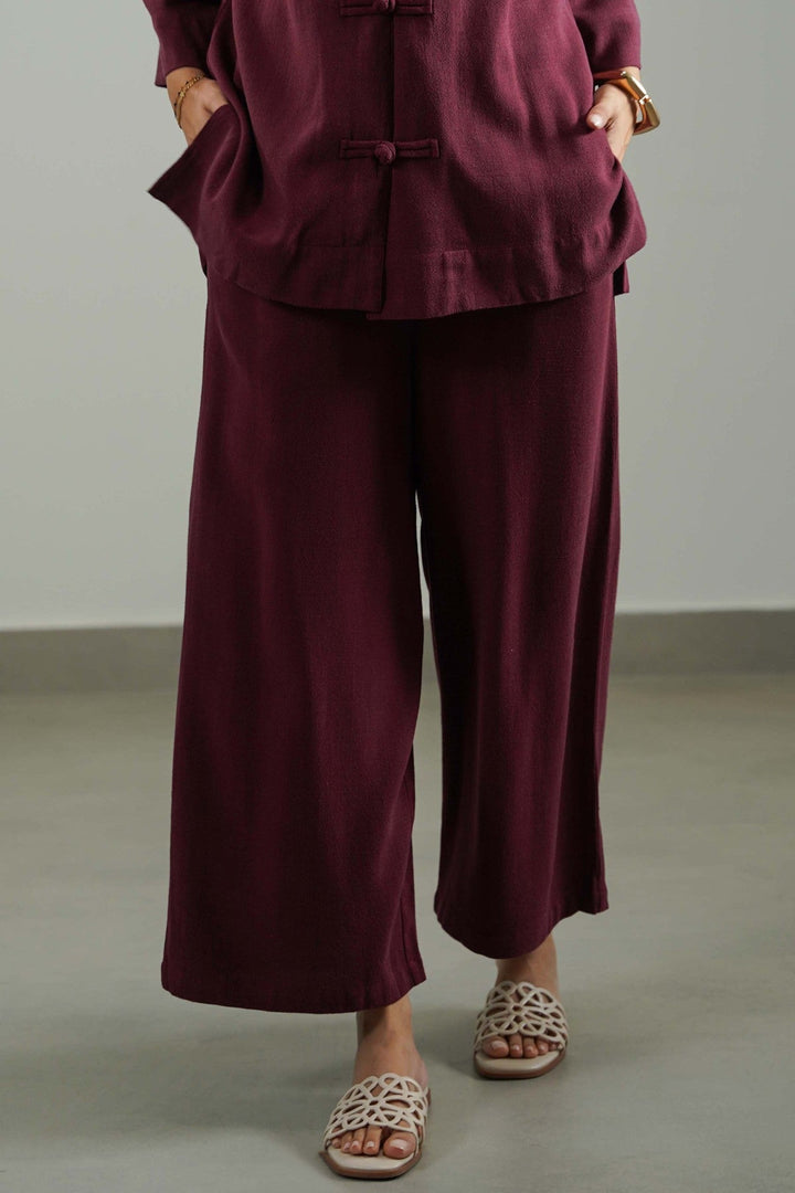 BURGUNDY SIGNATURE LINEN BLEND PANTS