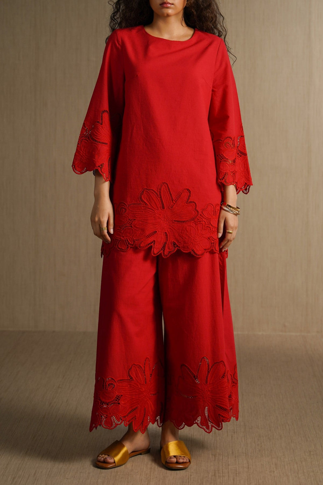 RED BOTANICAL CUTWORK PANTS