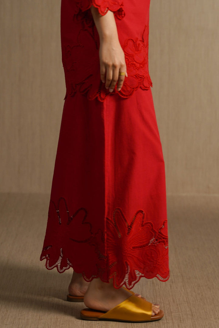 RED BOTANICAL CUTWORK PANTS