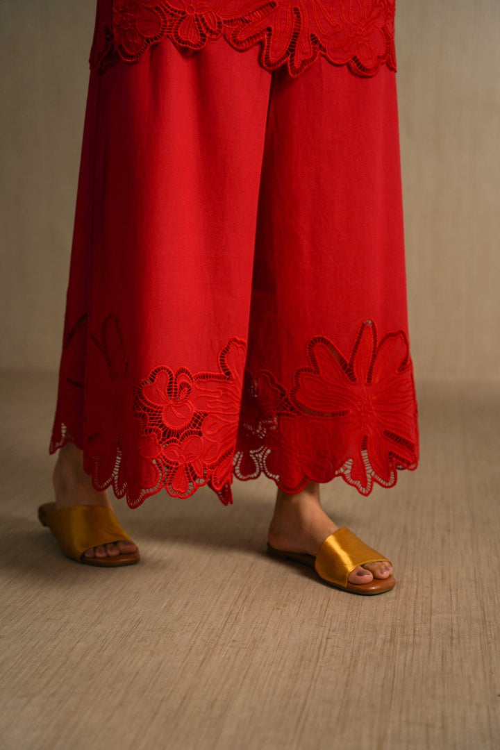 RED BOTANICAL CUTWORK PANTS