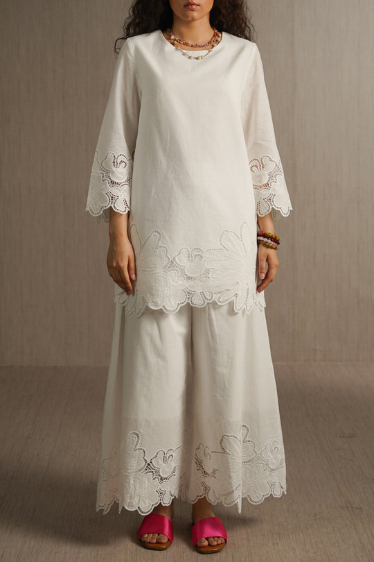 WHITE BOTANICAL CUTWORK PANTS