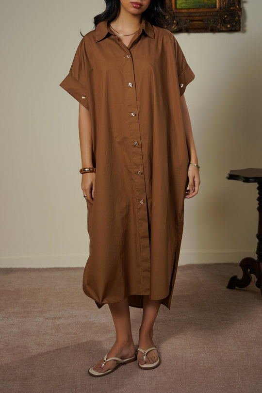 BROWN ONE SIZE COTTON SHIRT DRESS